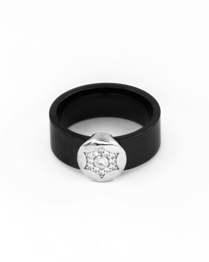 Diamanset Onyx Signet Ring, a wide black band with a silver medallion set with a diamond rosette, on a white background