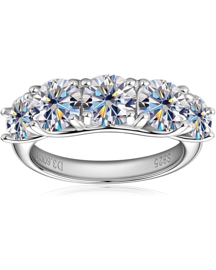 Diamanset Five Stone Moissanite Ring, sterling silver band with five graduated round moissanite stones