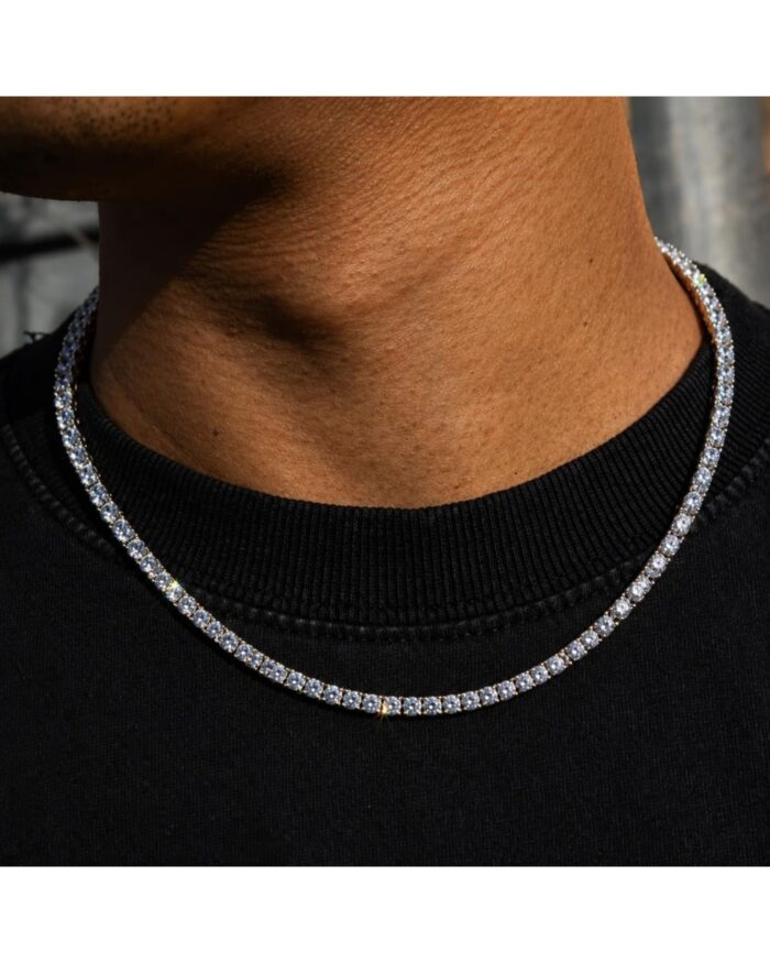 Diamanset Men's Moissanite Tennis Chain, silver tennis necklace with round 3 mm moissanite stones worn by a man