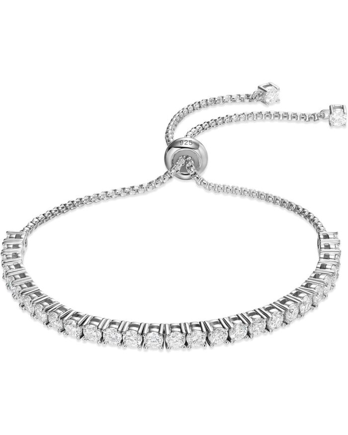 Diamanset Moissanite Bolo Bracelet, white gold plated silver tennis bracelet with round moissanite and slider clasp