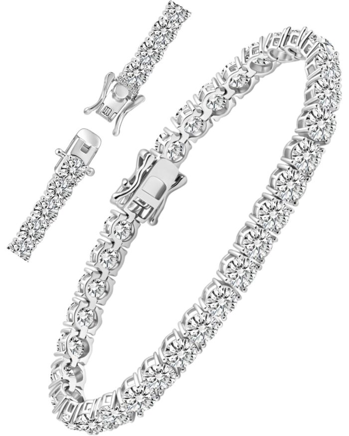 Diamanset Moissanite Classic Tennis Bracelet, white gold plated bracelet with a row of round 3 mm moissanite