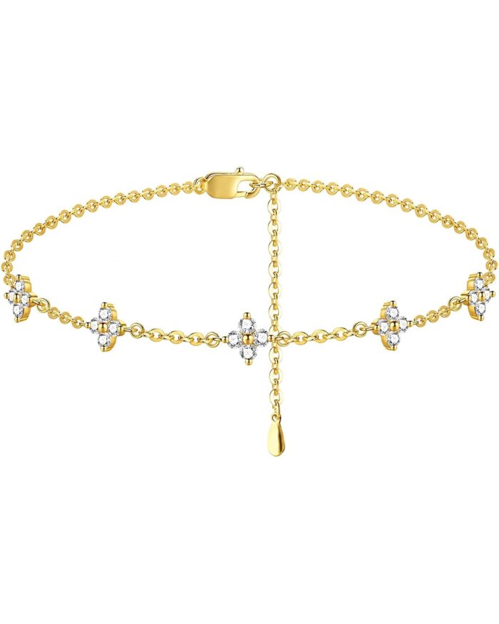 Diamanset Moissanite Clover Bracelet, yellow gold plated chain with four-leaf clover stations of round moissanite