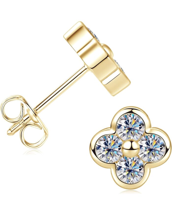 Diamanset Moissanite Clover Studs, yellow gold plated four-leaf clover earrings with round moissanite