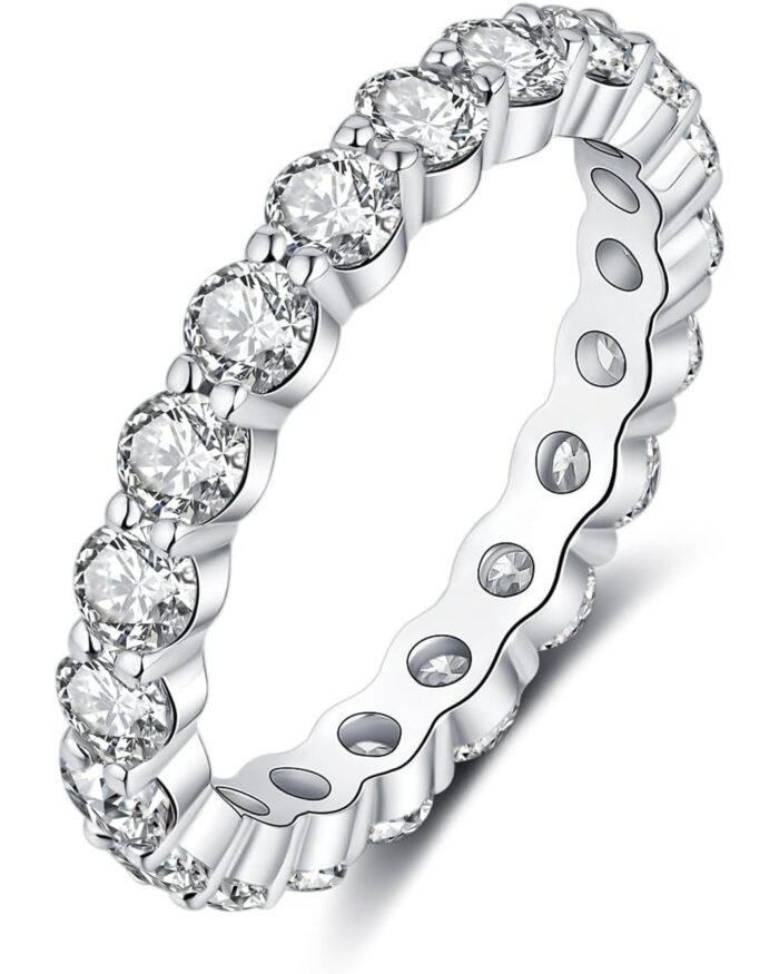 Diamanset Moissanite Eternity Band, white gold plated silver ring with round moissanite stones all around