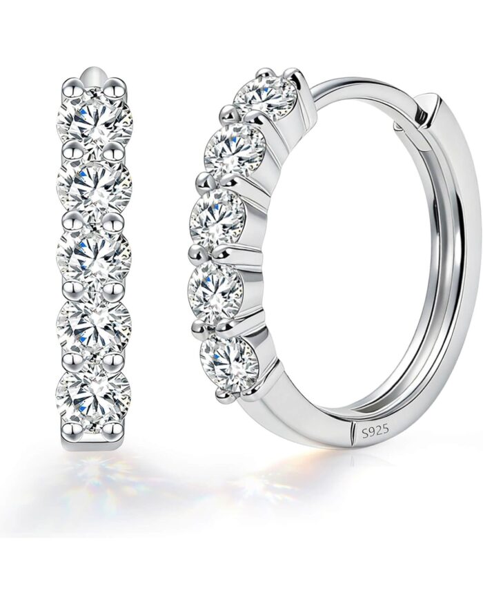 Diamanset Moissanite Huggie Hoops, white gold plated silver hoops with five round moissanite stones
