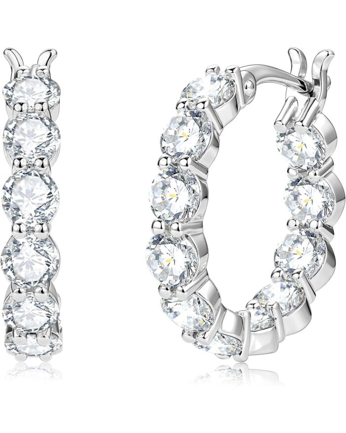 Diamanset Moissanite Full Stone Hoops, white gold plated hoop earrings set all around with round moissanite