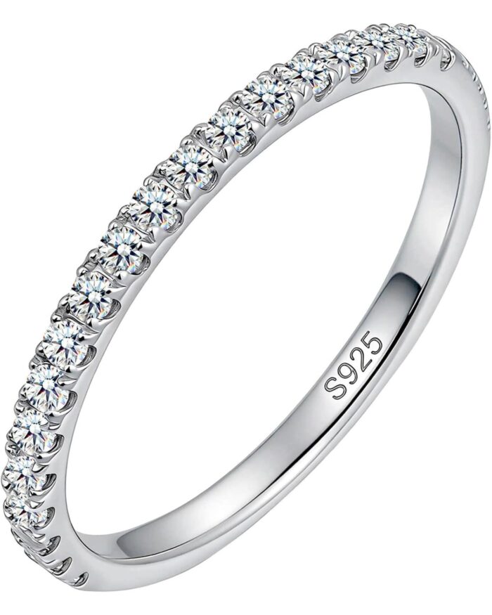 Diamanset Moissanite Half Eternity Band, slim white gold plated silver ring with small round moissanite stones