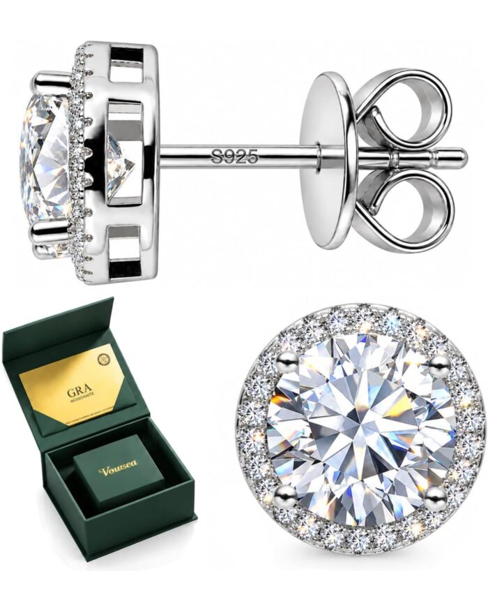 Diamanset Moissanite Halo Studs, white gold plated silver earrings with a round moissanite in a pavé halo