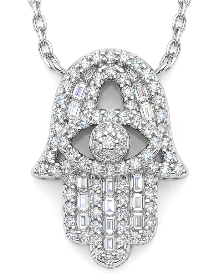 Diamanset Moissanite Hamsa Pendant, sterling silver hand of Fatima with evil eye and pavé moissanite