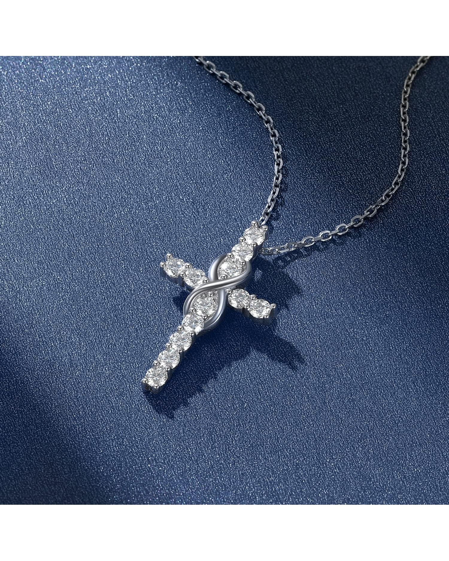 Diamanset Moissanite Infinity Cross pendant, sterling silver cross with round moissanite stones and an infinity loop