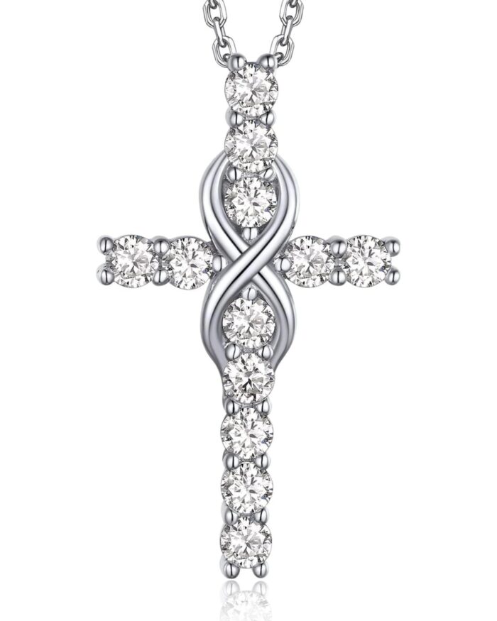 Diamanset Moissanite Infinity Cross pendant, sterling silver cross with round moissanite stones and an infinity loop