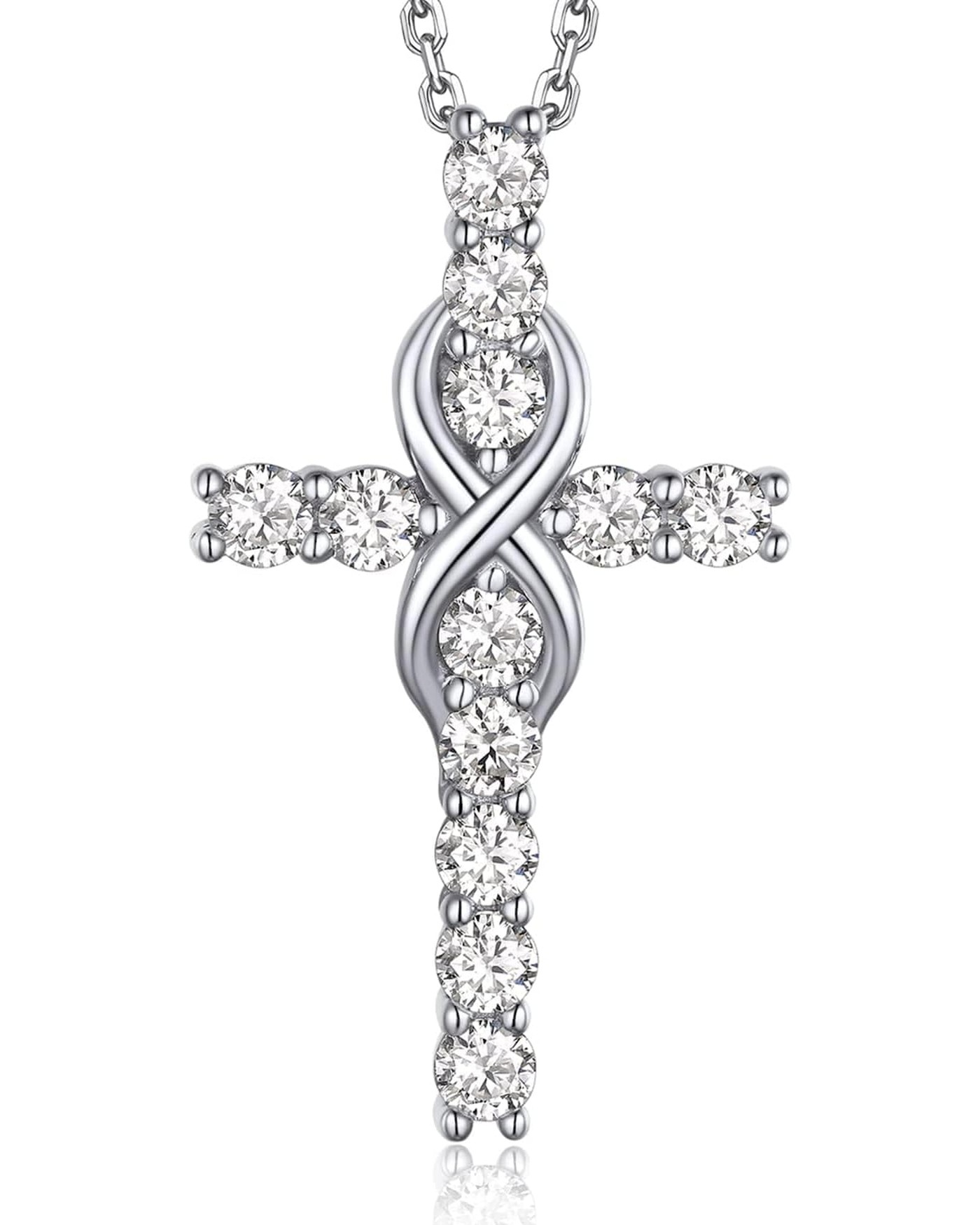 Diamanset Moissanite Infinity Cross pendant, sterling silver cross with round moissanite stones and an infinity loop