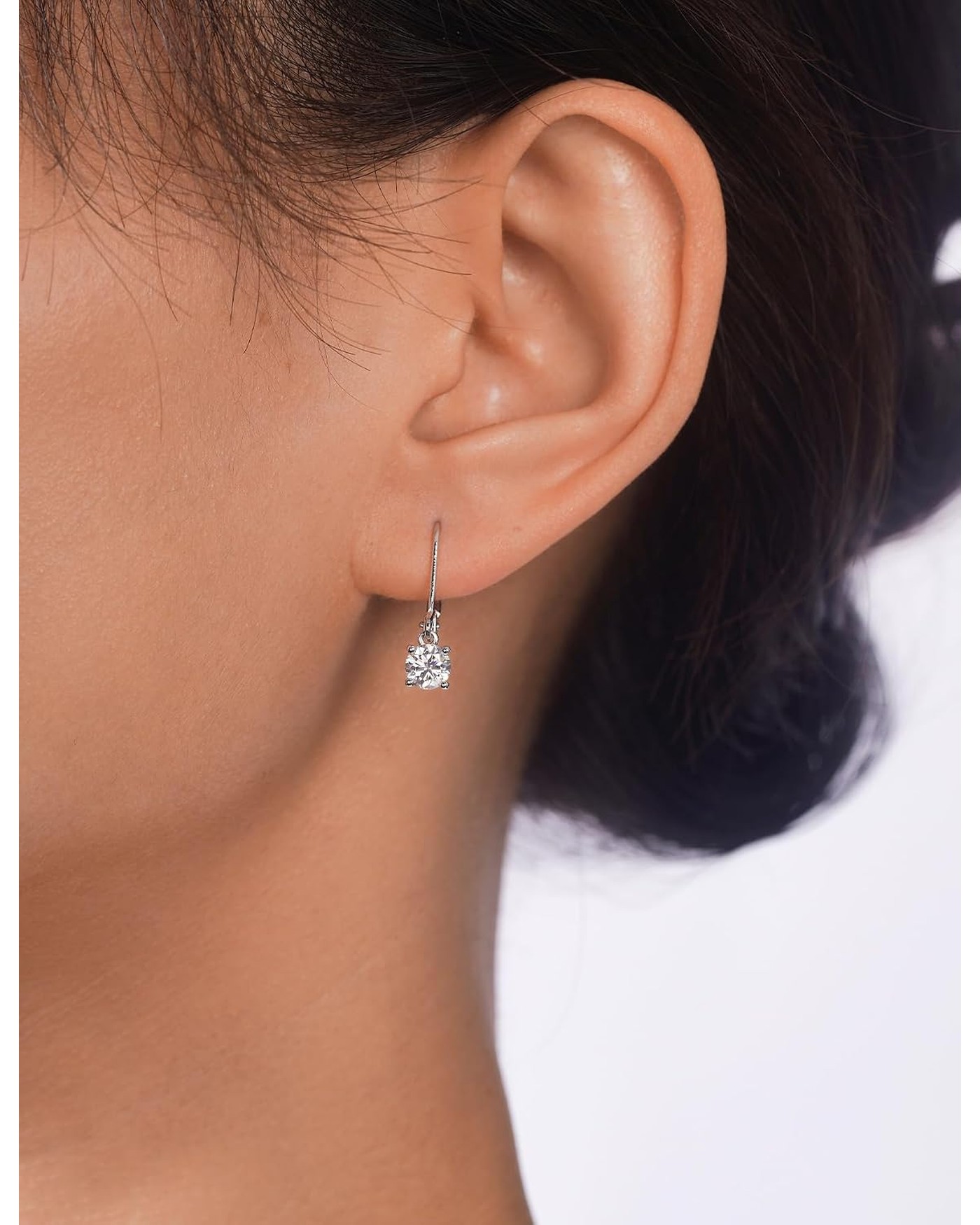 Diamanset Moissanite Leverback Earrings, white gold plated silver drops with a round solitaire moissanite