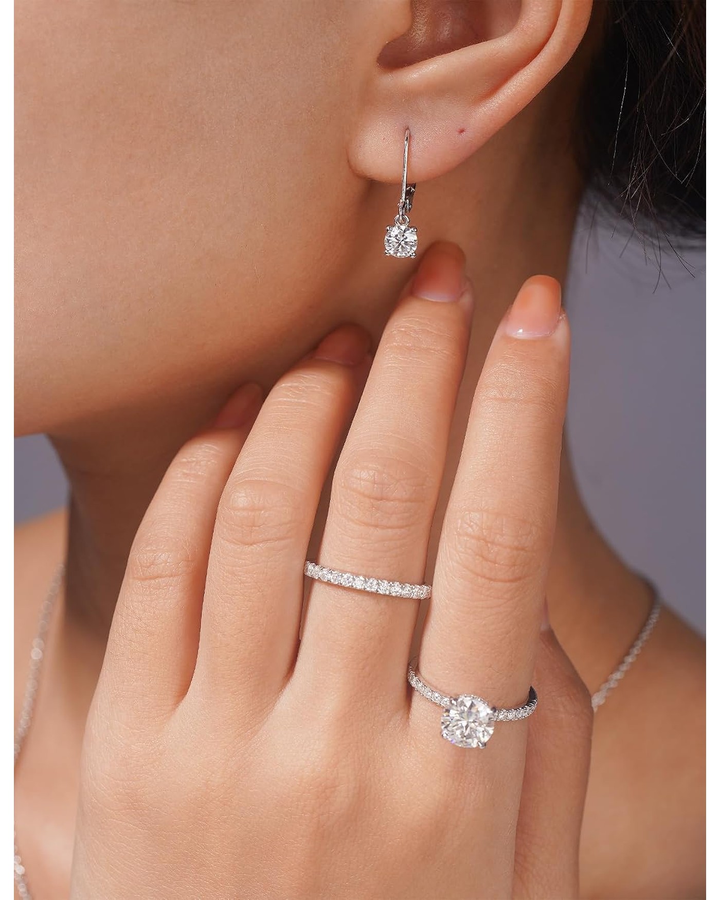 Diamanset Moissanite Leverback Earrings, white gold plated silver drops with a round solitaire moissanite