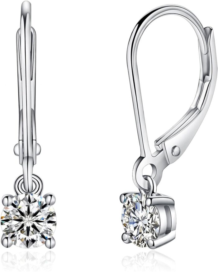Diamanset Moissanite Leverback Earrings, white gold plated silver drops with a round solitaire moissanite