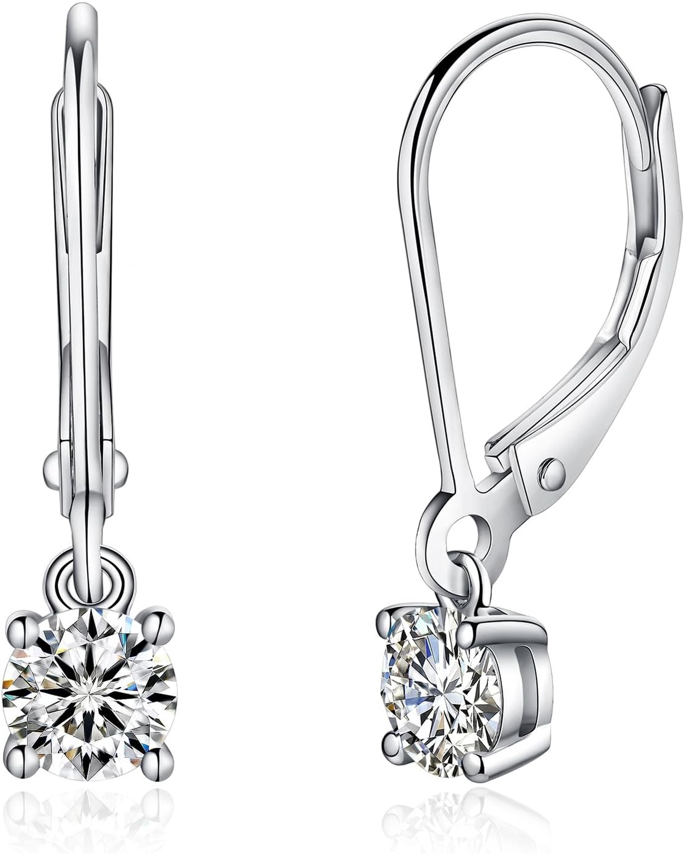 Diamanset Moissanite Leverback Earrings, white gold plated silver drops with a round solitaire moissanite