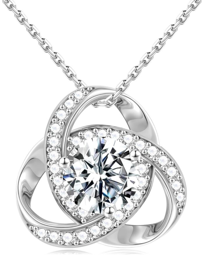 Diamanset Moissanite Love Knot pendant, white gold plated silver knot with a round moissanite centre