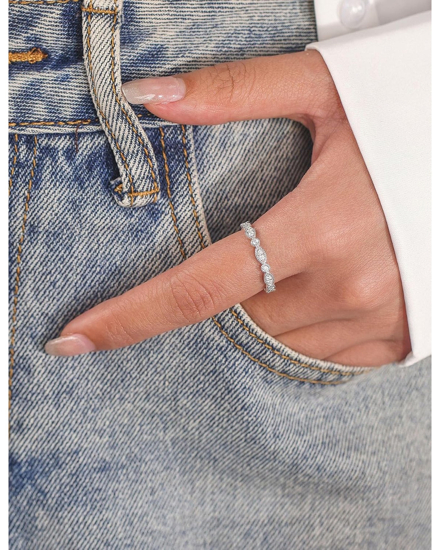 Diamanset Moissanite Milgrain Ring, white gold plated silver eternity band with round moissanite in beaded links