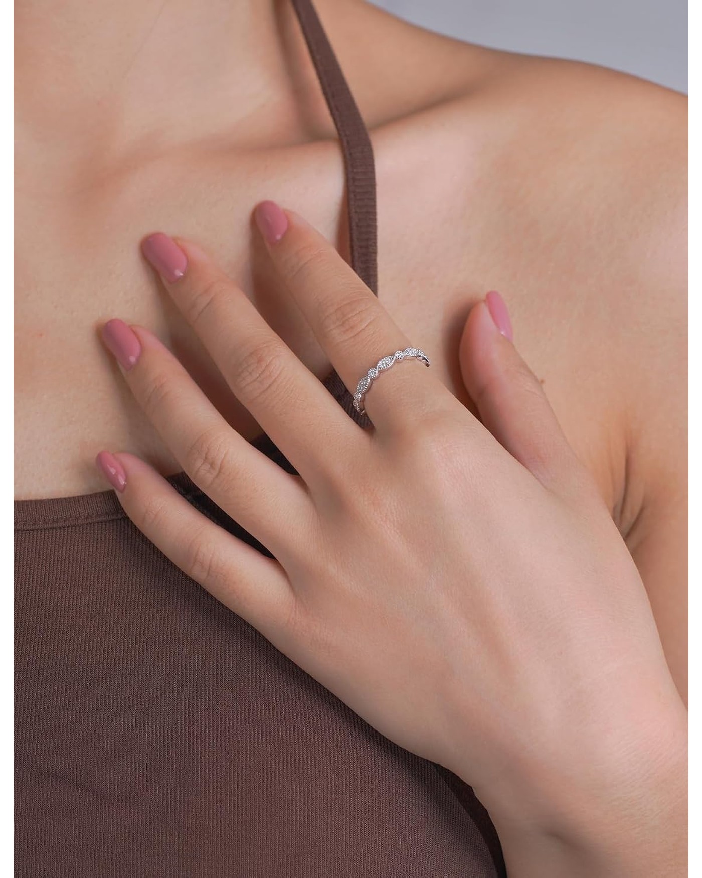 Diamanset Moissanite Milgrain Ring, white gold plated silver eternity band with round moissanite in beaded links