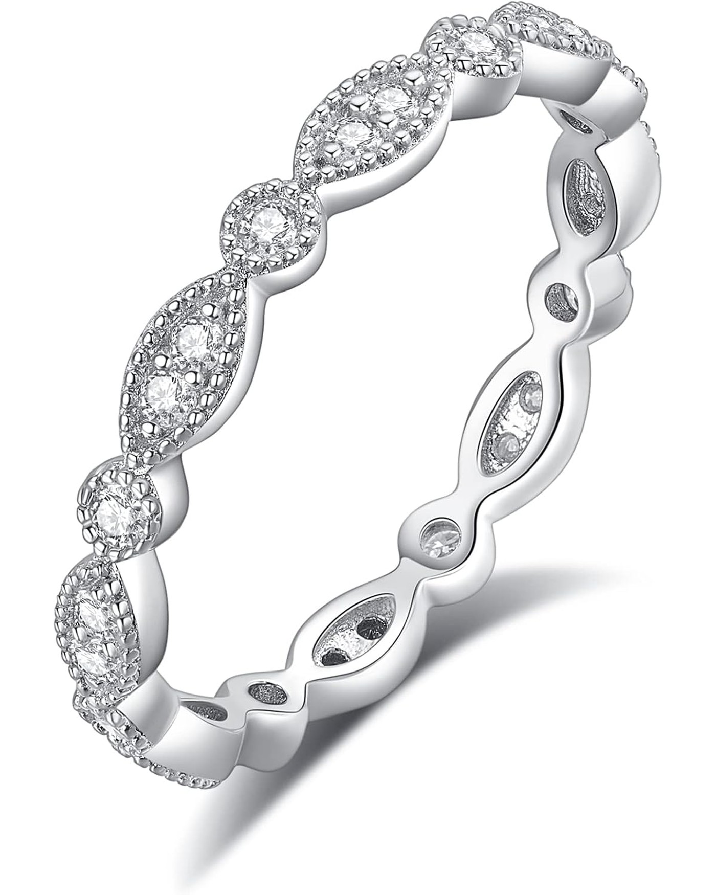 Diamanset Moissanite Milgrain Ring, white gold plated silver eternity band with round moissanite in beaded links