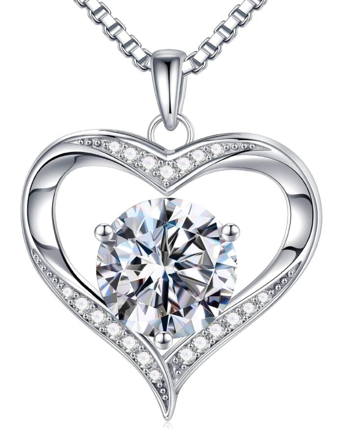 Diamanset Moissanite Heart Pendant, sterling silver open heart with a round moissanite at its centre