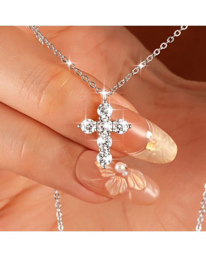 Diamanset Moissanite Petite Cross pendant, white gold plated cross of six round moissanite stones on a fine chain