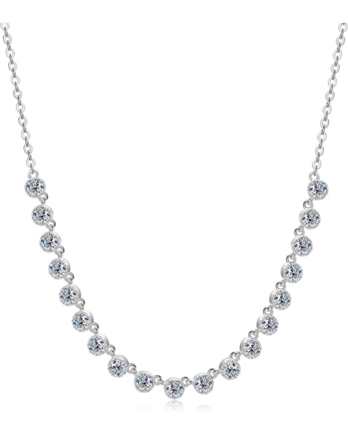Diamanset Moissanite Smile Necklace, white gold plated curved line of round moissanite in bubble settings