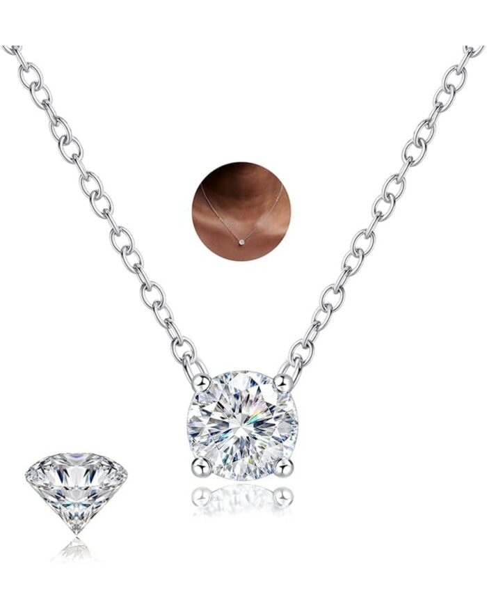 Diamanset Moissanite Solitaire Pendant, white gold plated silver chain with a round four-prong moissanite