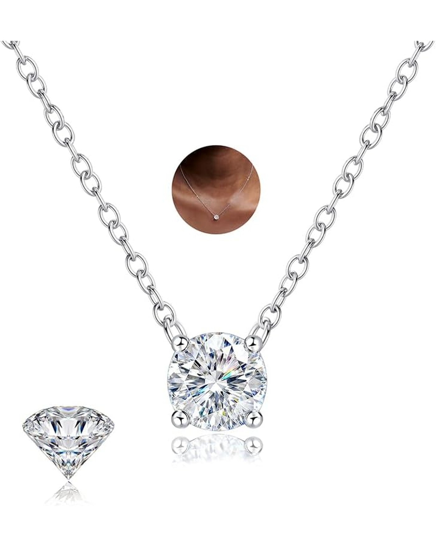 Diamanset Moissanite Solitaire Pendant, white gold plated silver chain with a round four-prong moissanite