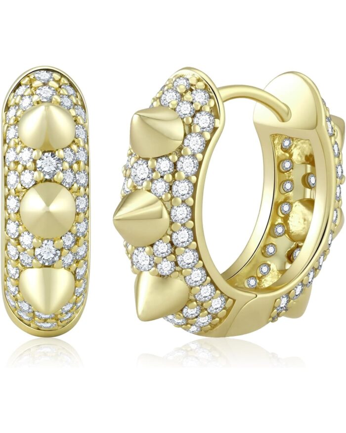 Diamanset Moissanite Spike Hoops, yellow gold plated huggie hoops with pavé moissanite and polished spikes