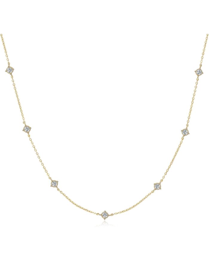 Diamanset Moissanite Station Necklace, yellow gold plated chain with seven round moissanite stations