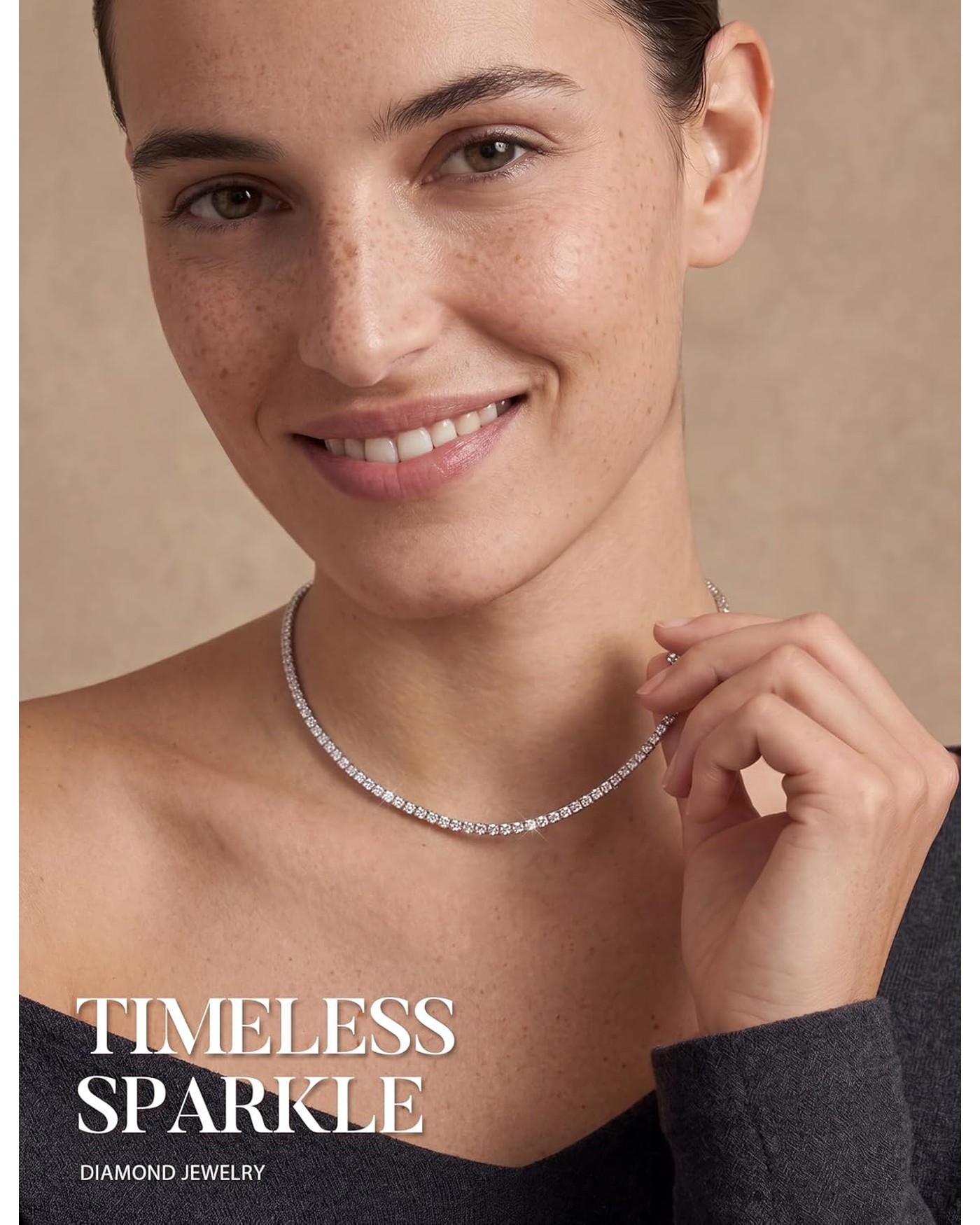 Diamanset Moissanite Tennis Necklace, white gold plated tennis chain with a row of round 3 mm moissanite stones