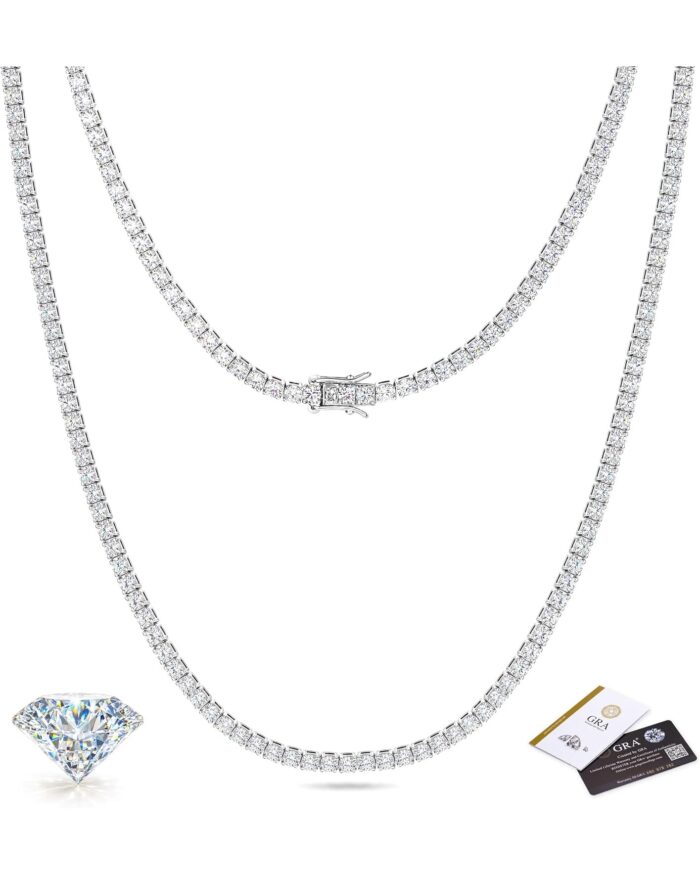 Diamanset Moissanite Tennis Necklace, white gold plated tennis chain with a row of round 3 mm moissanite stones