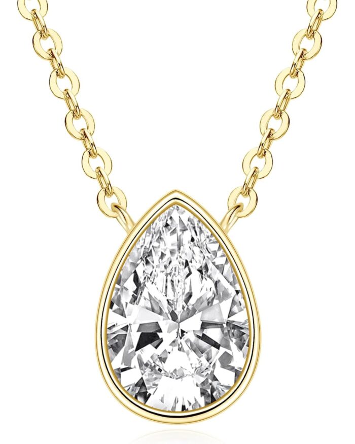 Diamanset Pear Moissanite Bezel Pendant, yellow gold plated teardrop pendant with a pear moissanite on a chain
