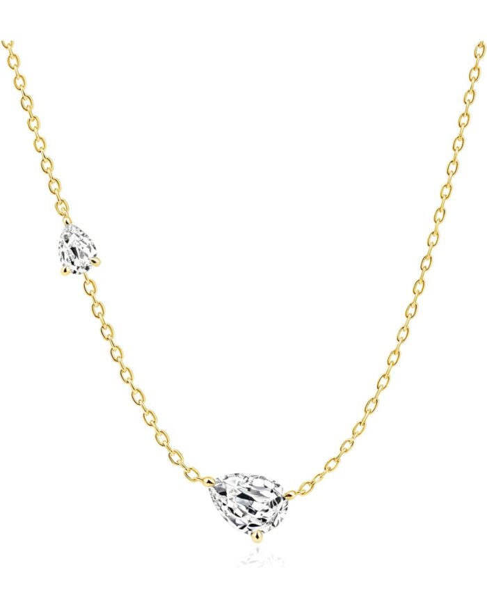 Diamanset Pear Moissanite Necklace, yellow gold plated chain with two pear-shaped moissanite stations