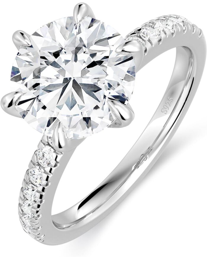 Diamanset Round Moissanite Solitaire Ring, silver six-prong ring with a round brilliant moissanite and pavé band