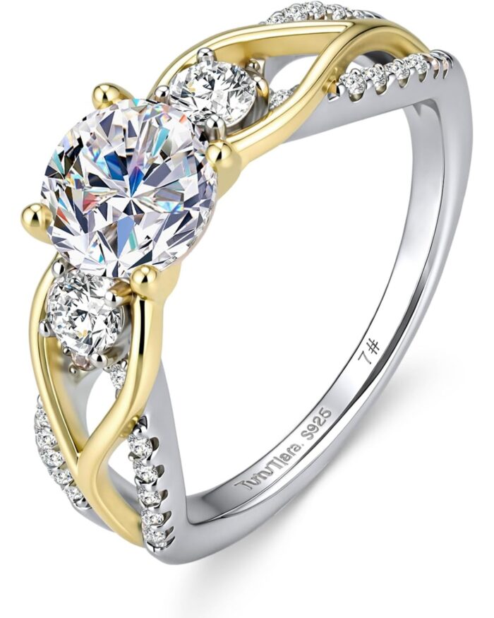 Diamanset Twisted Moissanite Ring, two-tone silver and gold ring with a round moissanite centre stone